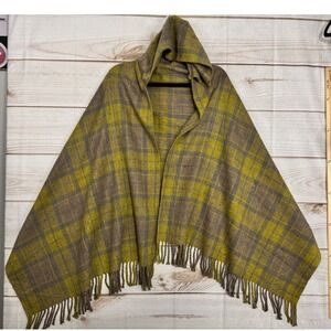 Coco + Carmen Hooded Poncho Wrap Plaid Green Yellow Brown Fringed One Size